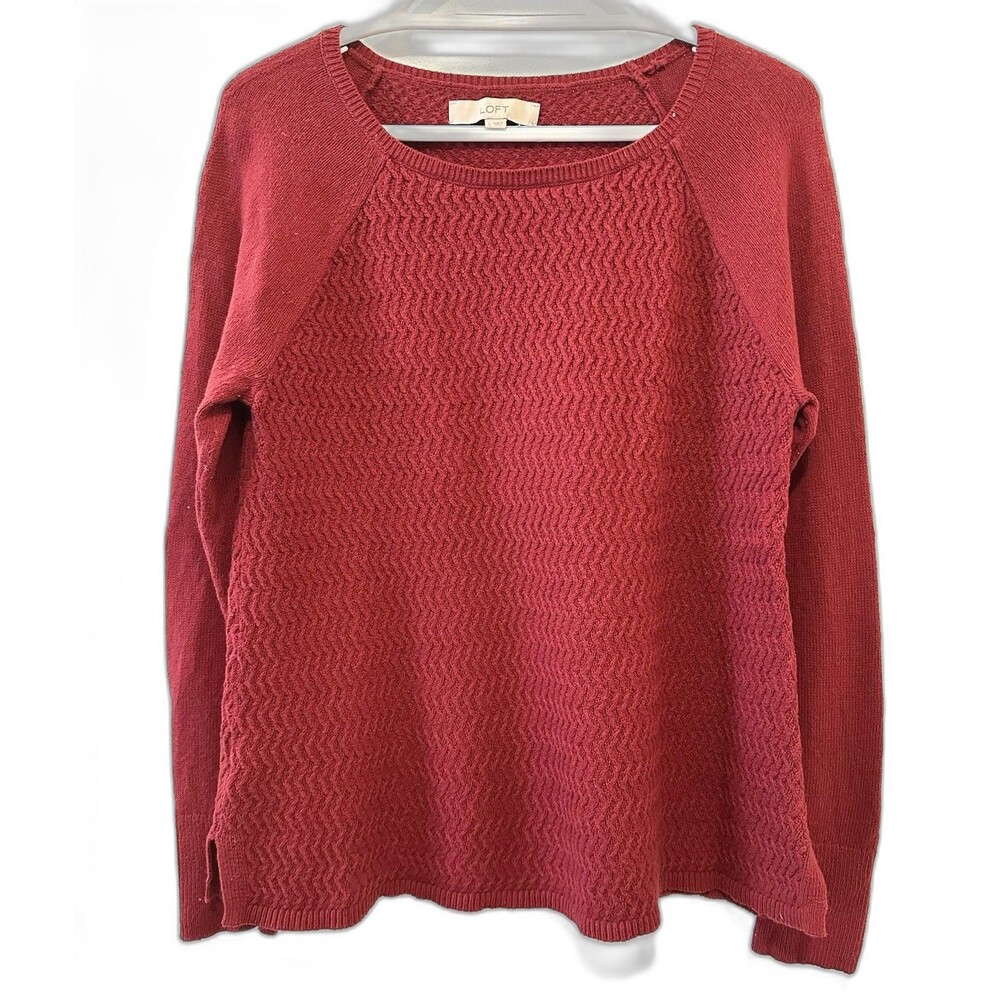 Loft Womens Sweater Red Long Sleeve Textured Pullover Wool Blend Size Large